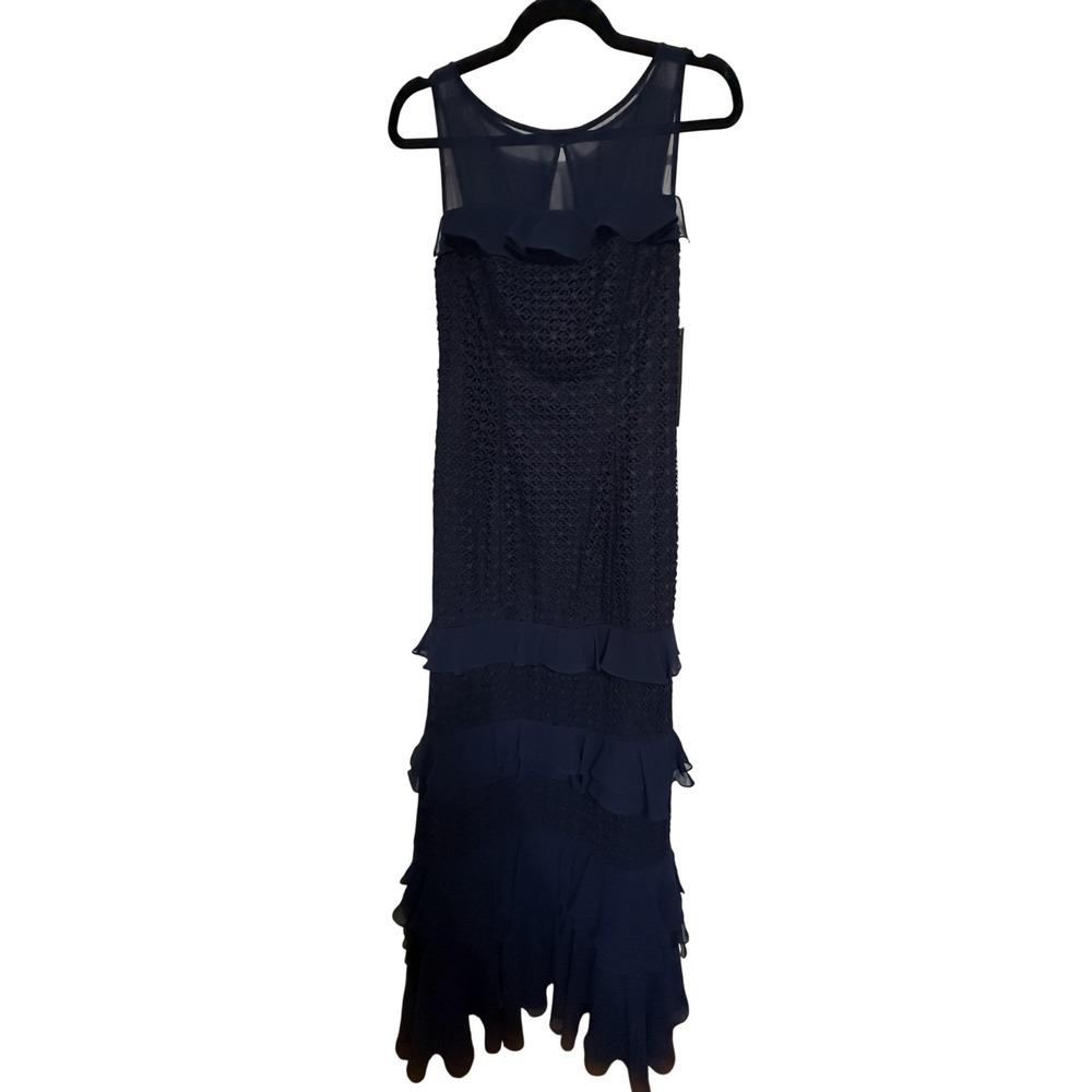 Kay Unger Dress Womens 6 Navy Lace Tiered Ruffle Evening Gown Formal